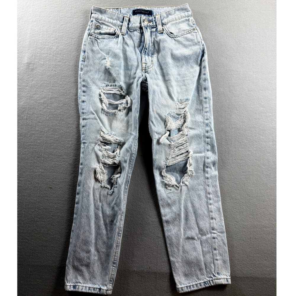 Aeropostale Mom Jean Women 000 Light Wash Distressed Ripped Denim 25x25